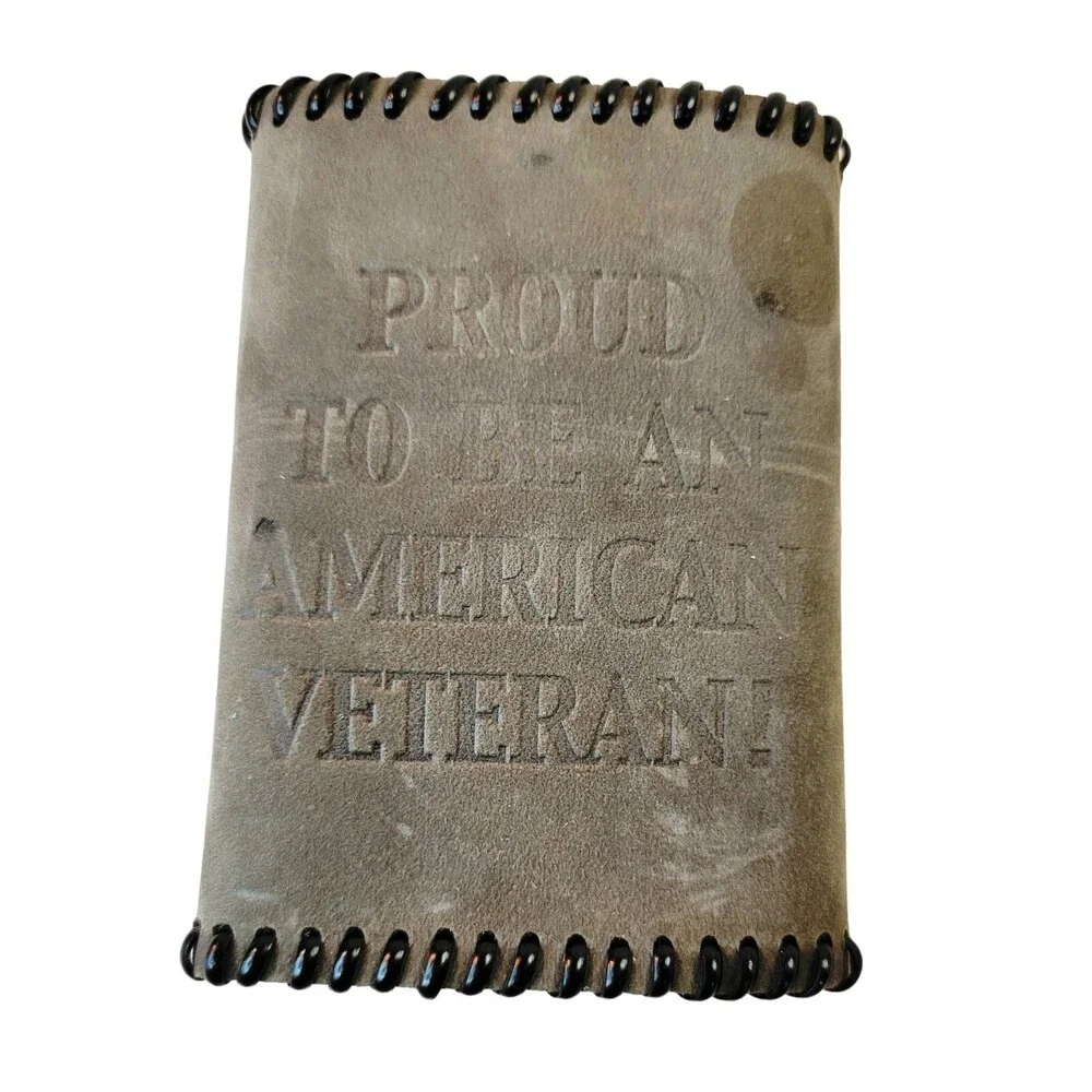 PROUD TO BE AN AMERICAN VETERAN!  Handmade Gray Leather Billfold Wallet Trifold